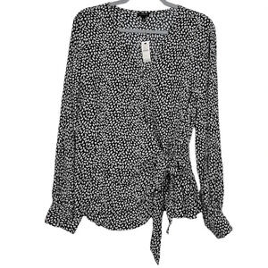 Talbots NEW Women’s L Faux Wrap Top Spot Print Long Sleeve Blouse Black White